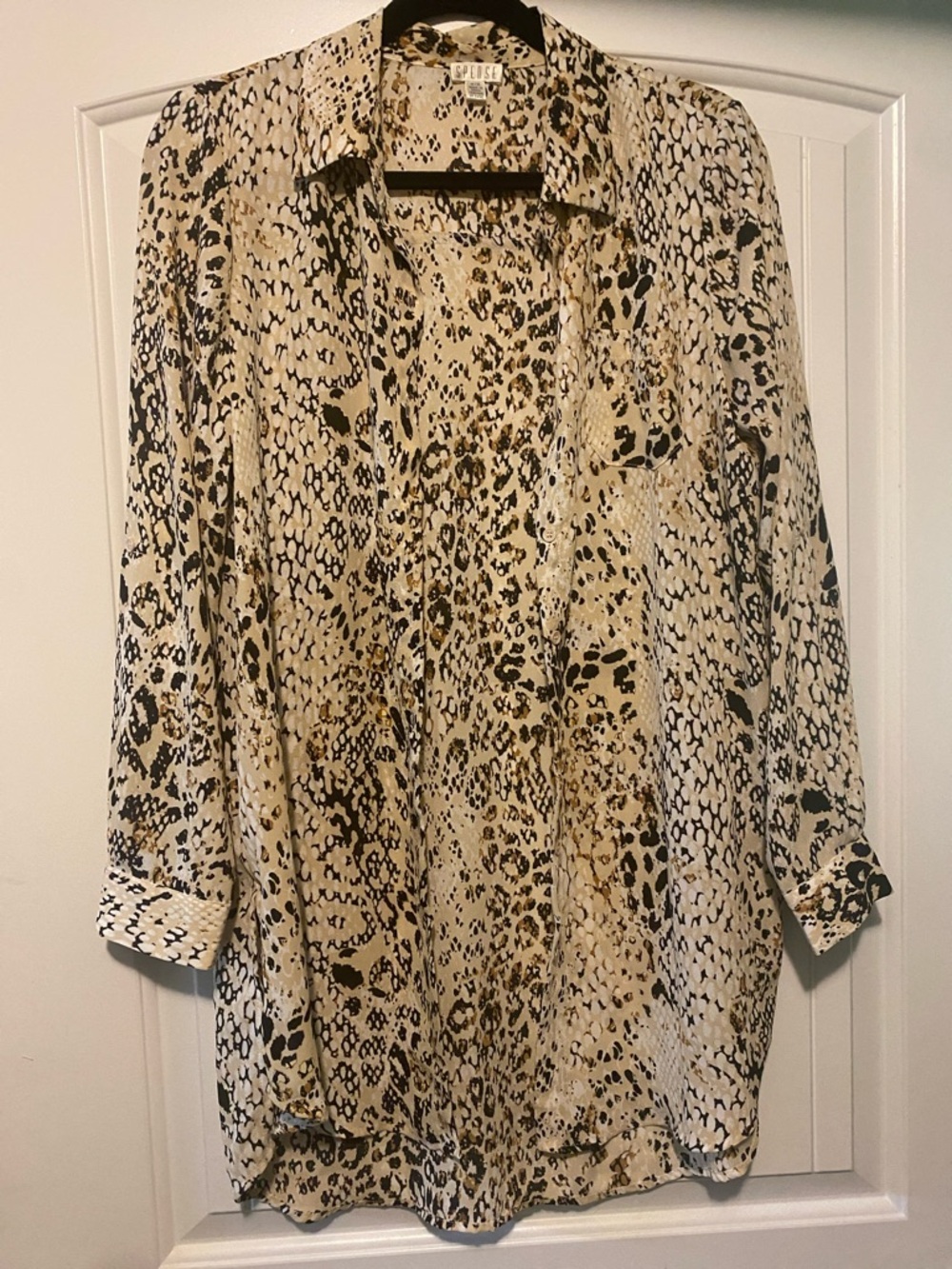 Spense Beige Black Leopard Print Button-Up Blouse